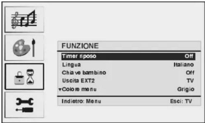 FUNZIONE Timer riposo Off Lingua Italiano Chiave bambino Off Uscita EXT2 TV ▼Colore menu Grigio Indietro: Menu Esci: TV