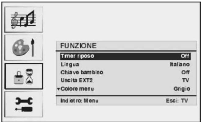FUNZIONE Timer riposo Off Lingua Italiano Chiave bambino Off Uscita EXT2 TV ▼Colore menu Grigio Indietro: Menu Esci: TV