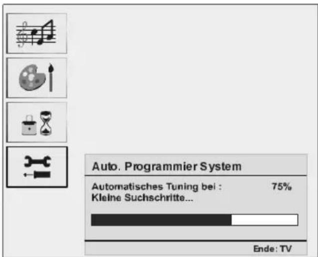 Auto. Programmier System Automatisches Tuning bei : 75% Kleine Suchschritte... Ende: TV