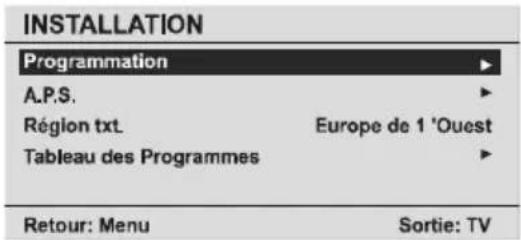 INSTALLATION Programmation A.P.S. Région txt. Europe de 1 'Ouest Tableau des Programmes Retour: Menu Sortie: TV