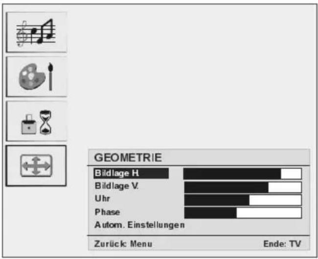 GEOMETRIE Bildlage H. Bildlage V. Uhr Phase Autom. Einstellungen Zurück: Menu Ende: TV