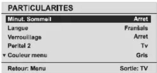 PARTICULARITES Minut. Sommeil Arret Langue Français Verrouillage Arret Peritel 2 Tv ▼ Couleur menu Gris Retour: Menu Sortle: TV