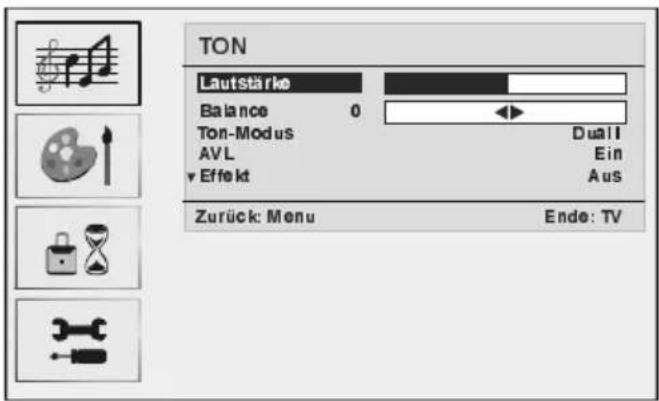 TON Lautstärke Balance 0 Ton-Modus AVL Effekt Dual1 Ein Aus Zurück: Menu Ende: TV