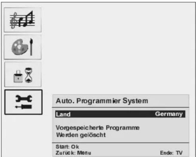Auto. Programmier System Land Germany Vorgespeicherte Programme Werden gelöscht Start: Ok Zurück: Menu Ende: TV