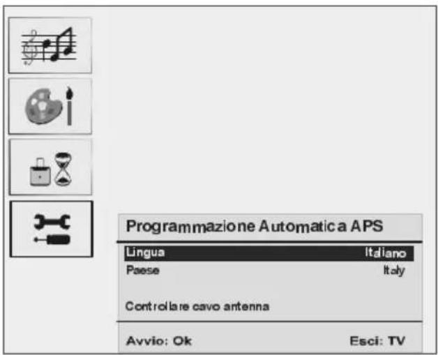 Programmazione Automatica APS Lingua Italiano Paese Italy Controllare cavo antenna Avvio: Ok Esci: TV
