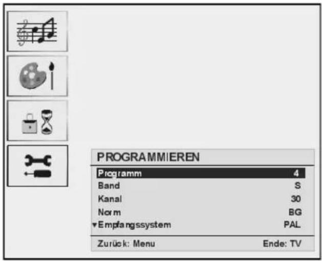 PROGRAMMIEREN Programm 4 Band S Kanal 30 Norm BG Empfangssystem PAL Zurück: Menu Ende: TV