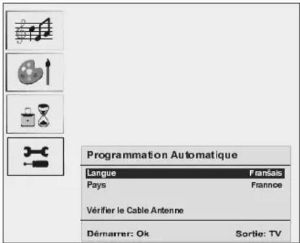 Programmation Automatique Langue Pays Vérifier le Cable Antenne Démarrer: Ok Français France Sortie: TV
