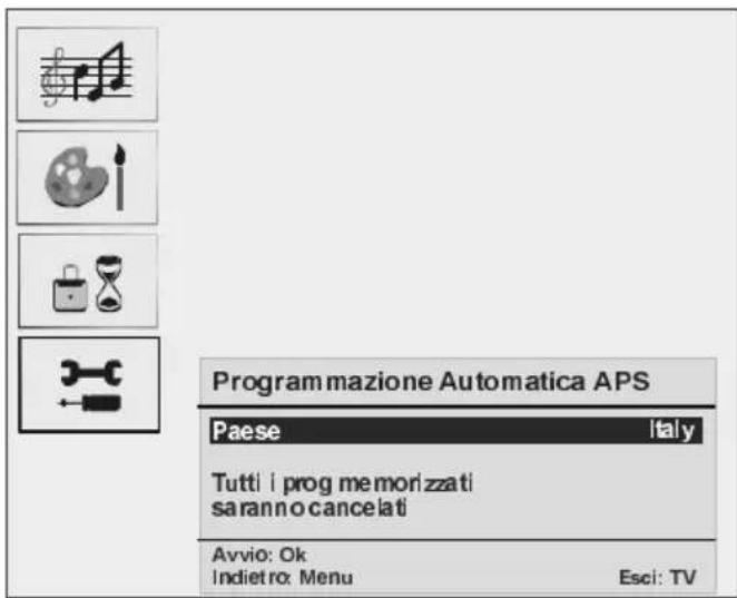 Programmazione Automatica APS Paese Italy Tutti i prog memorizzati saranno cancelati Avvio: Ok Indietro: Menu Esci: TV
