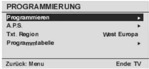 PROGRAMMIERUNG Programmieren A.P.S. Txt. Region West Europa Programmtabelle Zurück: Menu Ende: TV