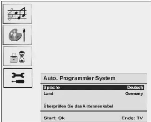 Auto. Programmier System Sprache Deutsch Land Germany Überprüfen Sie das Antennenkabel Start: Ok Ende: TV