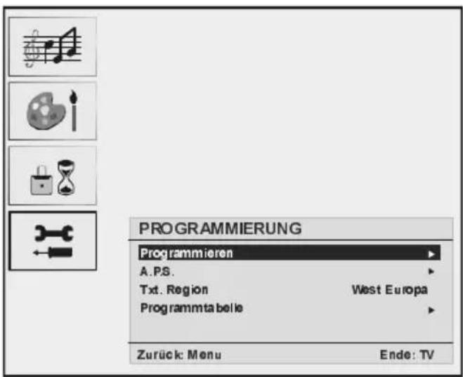 PROGRAMMIERUNG Programmieren A.P.S. Txt. Region West Europa Programmtabelle Zurück: Menu Ende: TV