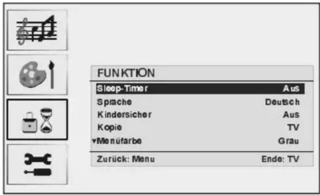 FUNKTION Sleep-Timer Aus Sprache Deutsch Kindersicher Aus Kopie TV Monüfarbe Grau Zurück: Menu Ende: TV