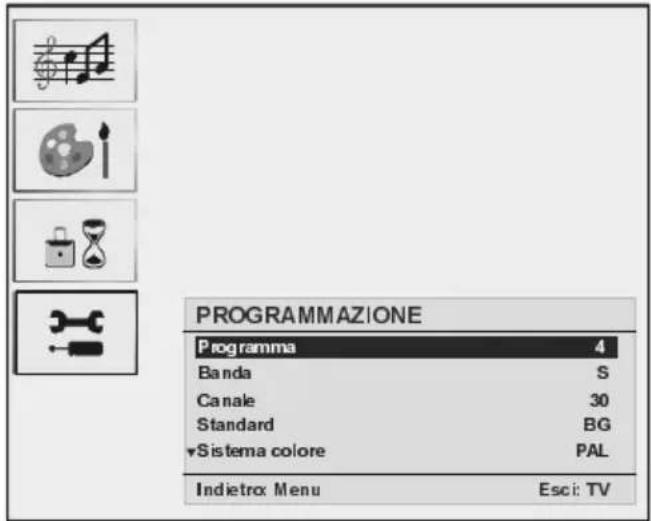 PROGRAMMAZIONE Programma 4 Banda S Canale 30 Standard BG ▼Sistema colore PAL Indietrox Menu Esci: TV