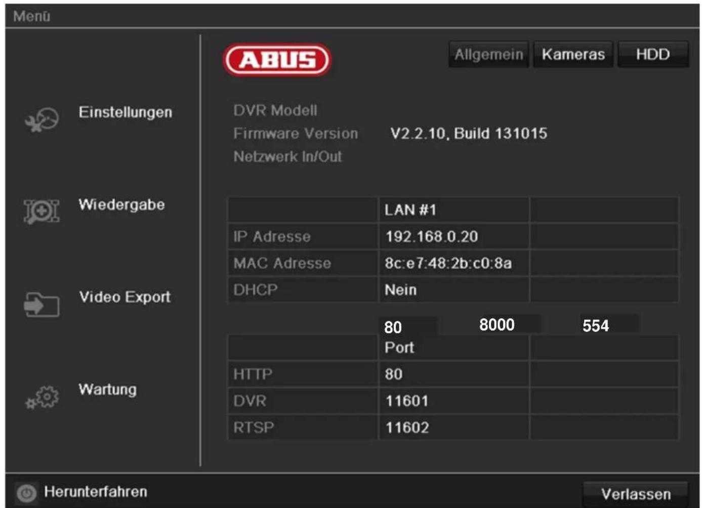ABUS TVVR41220 - Menü-Übersicht - 1