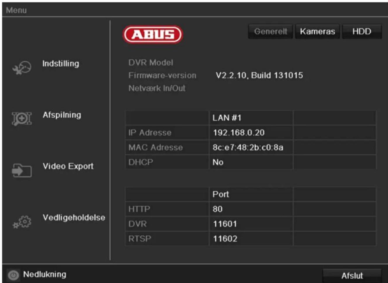 ABUS TVVR41220 - Menuoversigt - 1