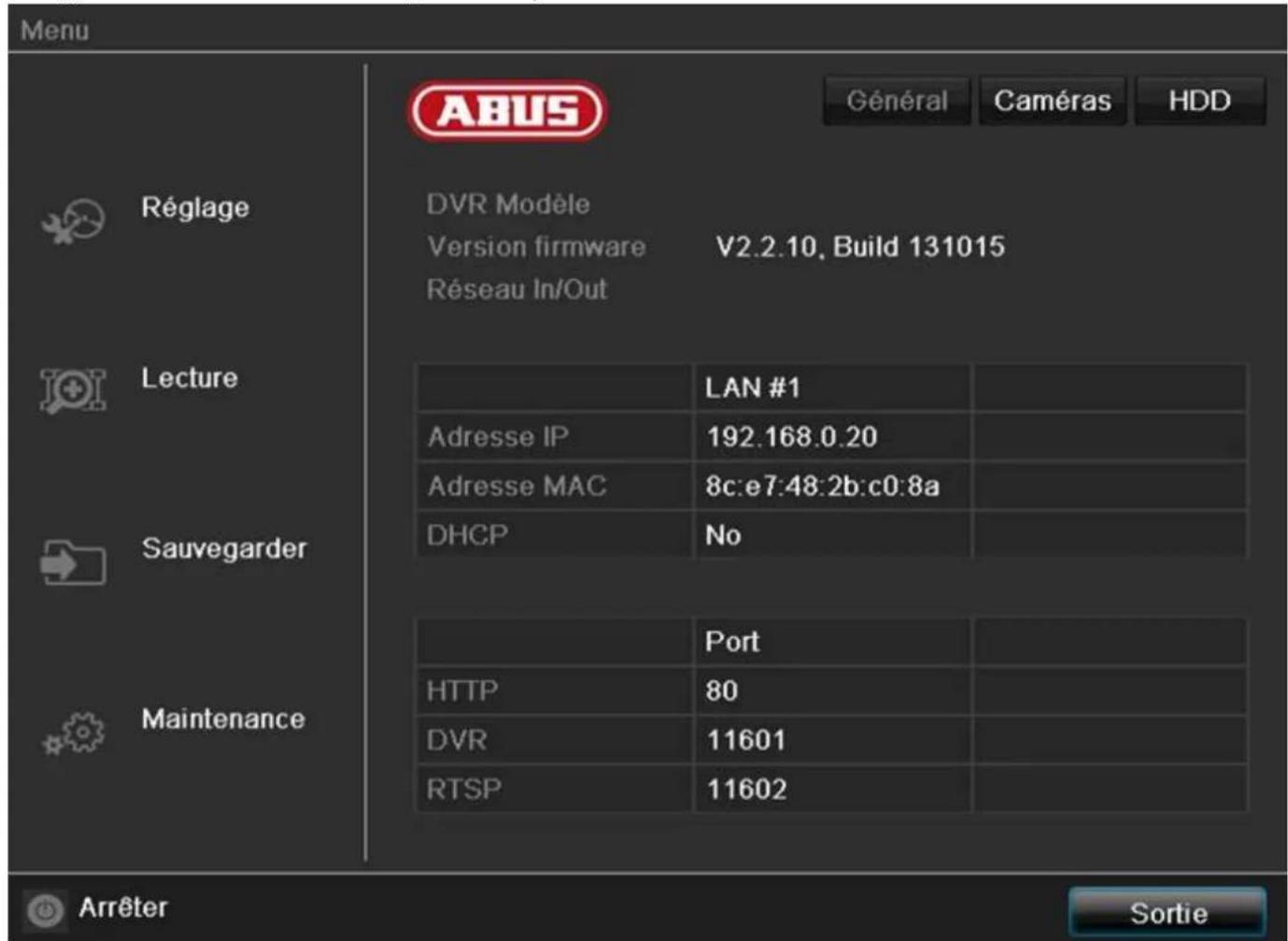 ABUS TVVR41220 - Vue d'ensemble des menus - 1