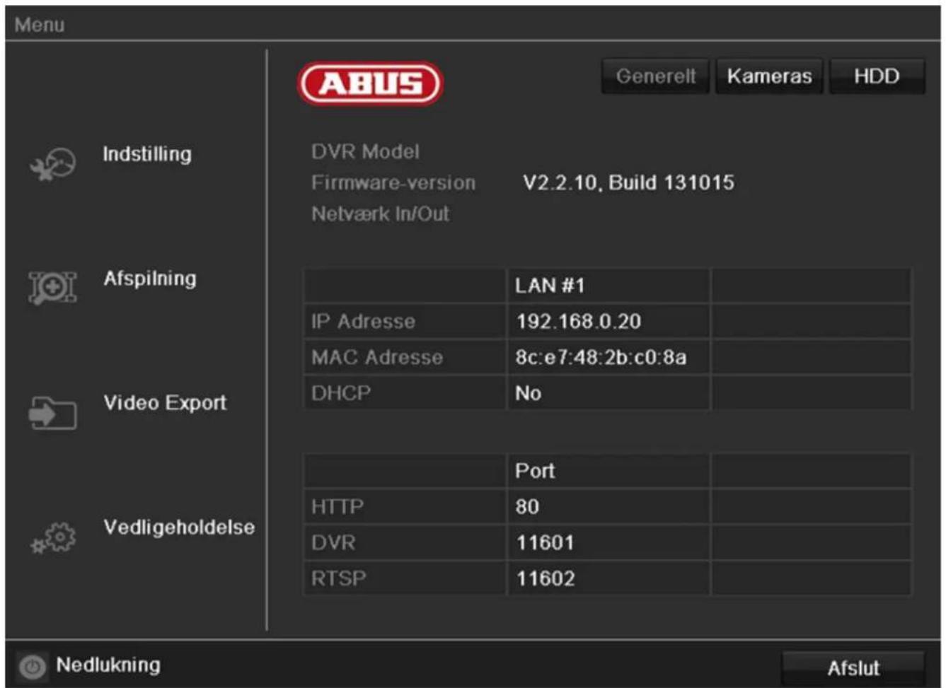 ABUS TVHD80100 - Menuoversigt - 1