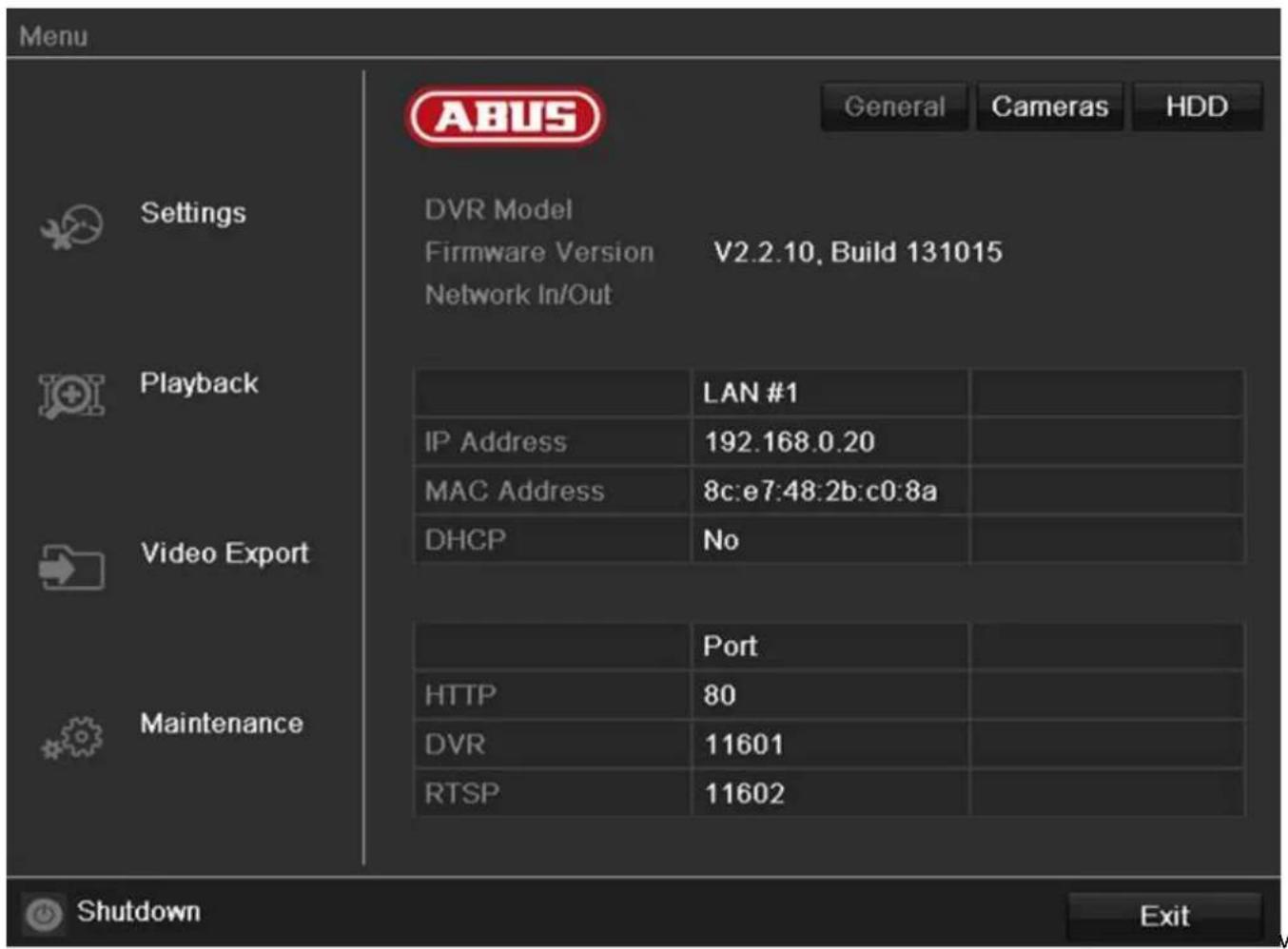 ABUS TVHD80100 - Menu overview - 1