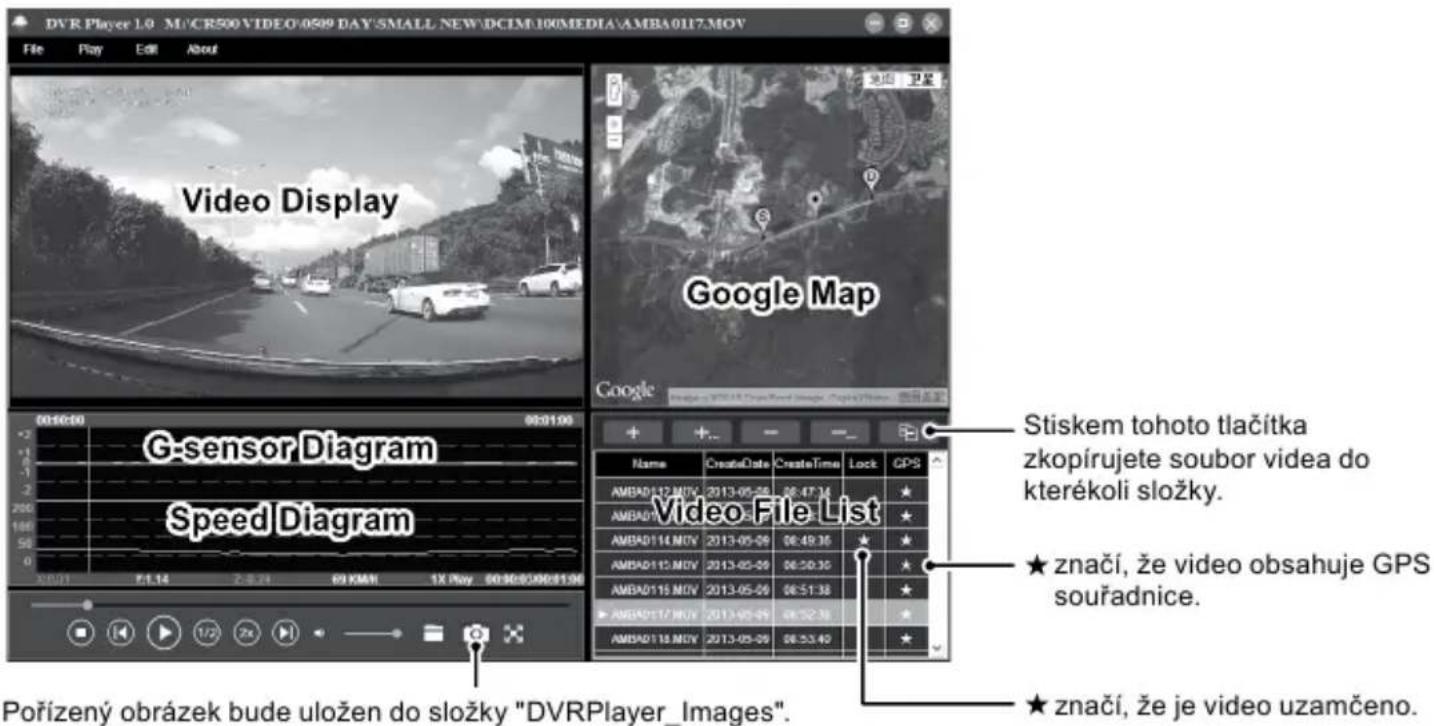 DVR Player 1.0 M/CR500 VIDEO/0509 DAY SMALL NEW\DCIM\100MEDIA\AMBA0117.MOV File Play Edit About Video Display Google Map Google G-sensor Diagram Speed Diagram Video File List Name CreateDate CreateTime Lock GPS AMBAD112.MOV 2013-05-26 08:47:34 AMBAD113.MOV 2013-05-26 08:49:36 AMBAD114.MOV 2013-05-26 08:49:36 AMBAD115.MOV 2013-05-26 08:50:30 AMBAD116.MOV 2013-05-26 08:51:38 AMBAD117.MOV 2013-05-26 08:52:38 AMBAD118.MOV 2013-05-26 08:53:40 Pořízený obrázek bude uložen do složky "DVRPlayer_Images". Stiskem tohoto tlačítka zkopírujete soubor video do kterékoli složky. ★ značí, že video obsahuje GPS souřadnice. ★ značí, že je video uzamčeno.