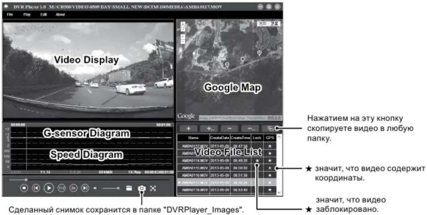 DVR Player 1.0 M/CR500 VIDEO:0509 DAY SMALL NEW\DCIM\100MEDIA\AMBA0117.MOV File Play Edit About Video Display Google Map G-sensor Diagram Speed Diagram Video File List Нажатием на эту кнопку скопируете видео в любую папку. ★ значит, что видео содержит координаты. ★ значит, что видео ★ заблокировано. Сделанный снимок сохранится в папке "DVRPlayer_Images".