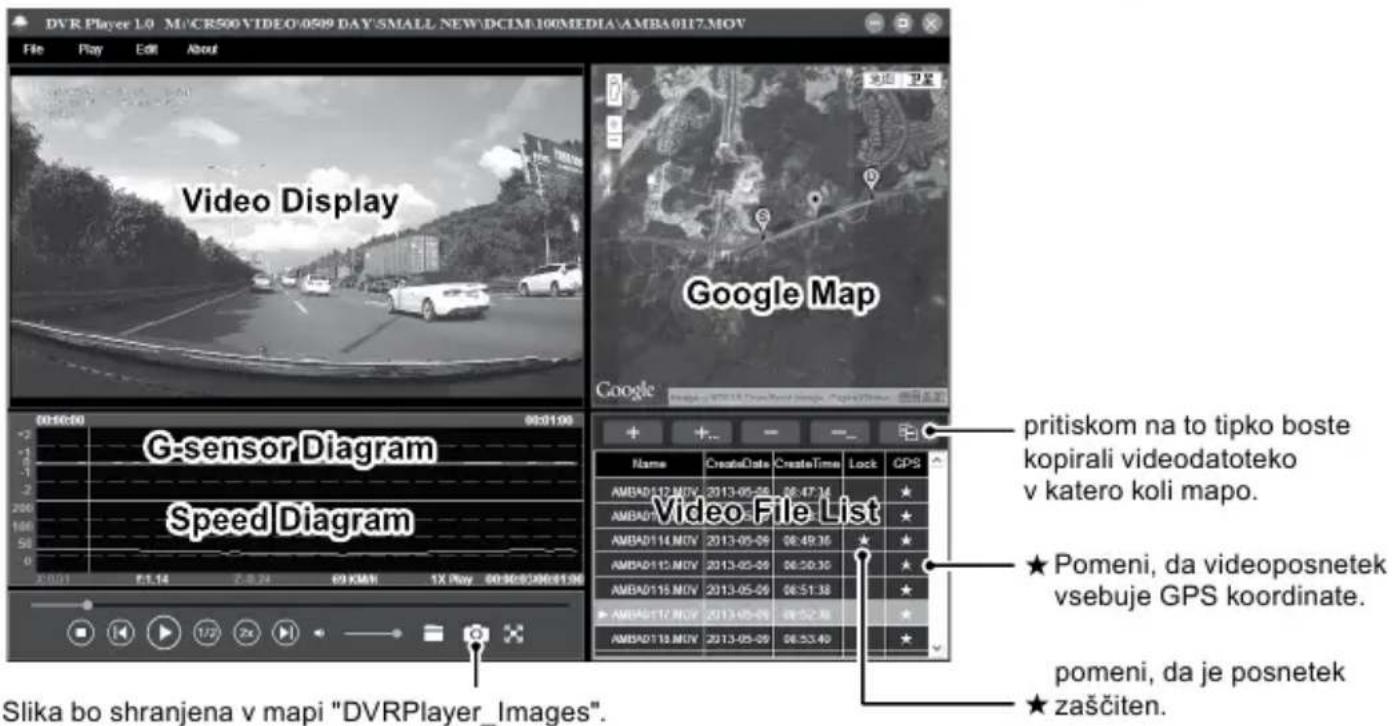 DVR Player 1.0 M:\CR500\VIDEO\0509 DAY\SMALL NEW\DCIM\100MEDIA\AMBA0117.MOV File Play Edit About Video Display Google Map G-sensor Diagram Speed Diagram Video File List pritiskom na to tipko boste kopirali videodatoteko v katero koli mapo. ★ Pomeni, da videoposnetek vsebuje GPS koordinate. pomeni, da je posnetek ★ zaščiten. Slika bo shranjena v mapi "DVRPlayer_Images".