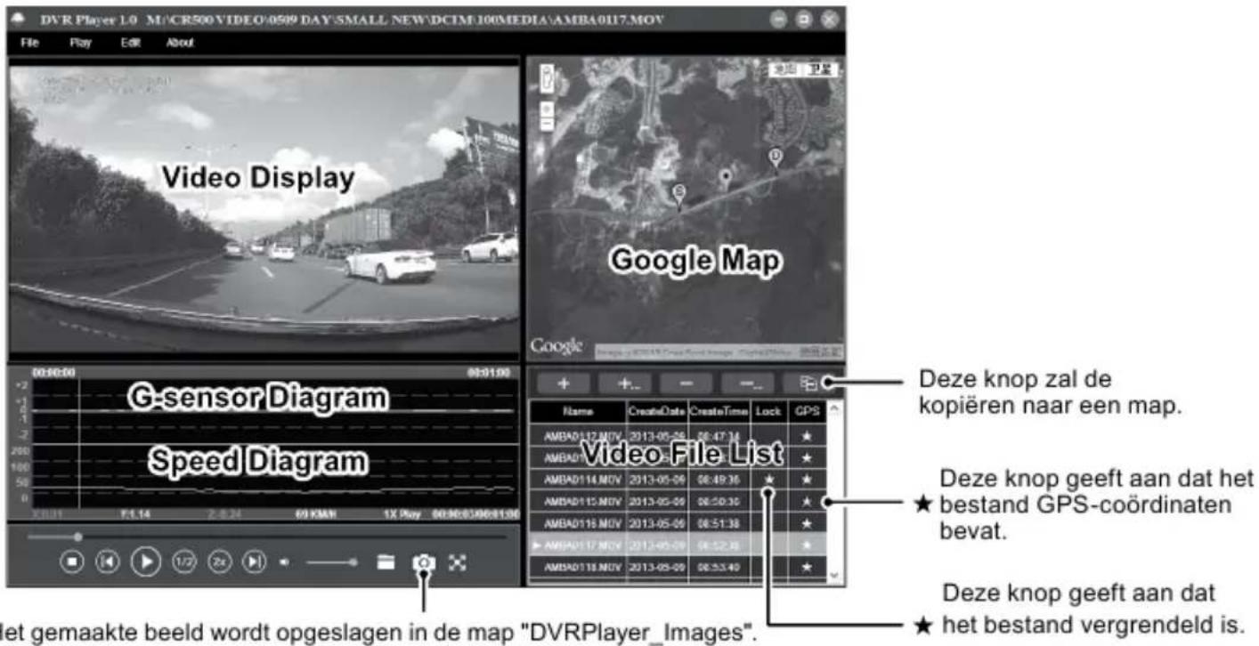 DVR Player L0 M:\CR500\VIDEO\0509 DAY\SMALL NEW\DCIM\100MEDIA\AMBA0117.MOV File Play Edit About Video Display Google Map G-sensor Diagram Speed Diagram Video File List Name CreateDate CreateTime Lock GPS AMBA0117.MOV 2013-05-06 06:47:14 AMBA0118.MOV 2013-05-06 06:50:30 AMBA0114.MOV 2013-05-06 06:49:36 AMBA0115.MOV 2013-05-06 06:50:30 AMBA0116.MOV 2013-05-06 06:51:38 AMBA0117.MOV 2013-05-06 06:52:38 AMBA0118.MOV 2013-05-06 06:53:40 Deze knop zal de kopieren naar een map. Deze knop geeft aan dat het bestand GPS-coördinaten bevat. Deze knop geeft aan dat het bestand vergrendeld is. let gemaakte beeld wordt opgeslagen in de map "DVRPlayer_Images".