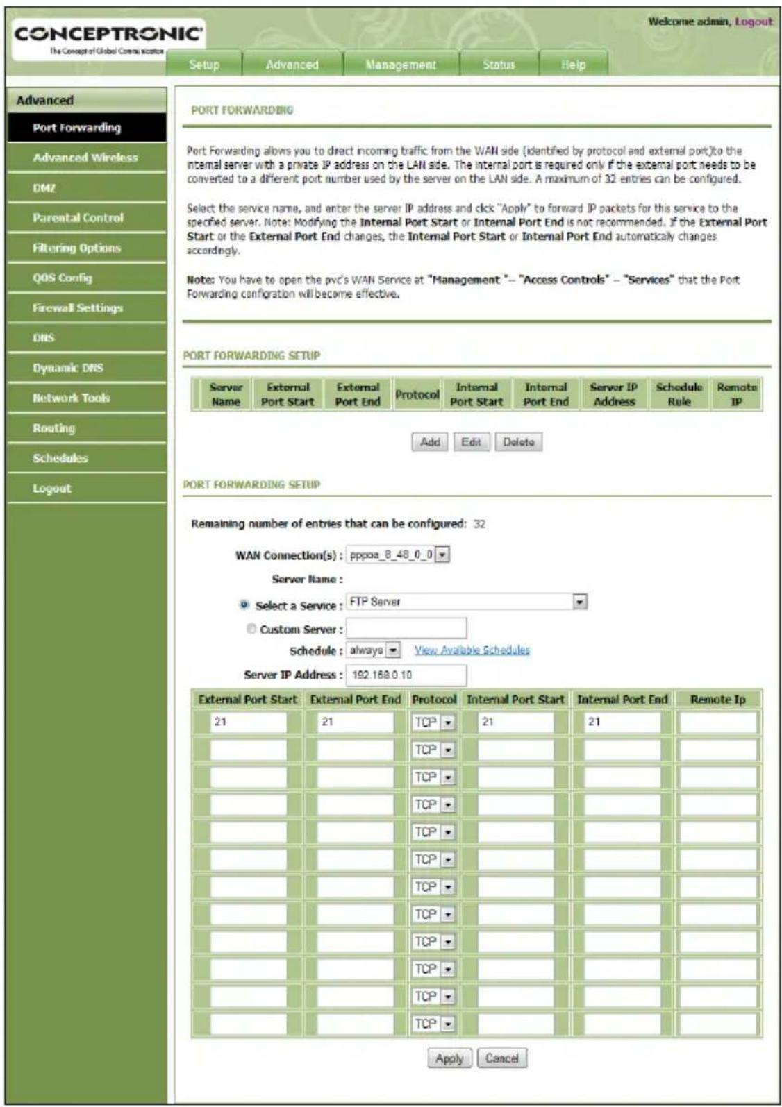 CONCEPTRONIC C150APRA2 - Einrichten von Portweiterleitungsregeln - 1