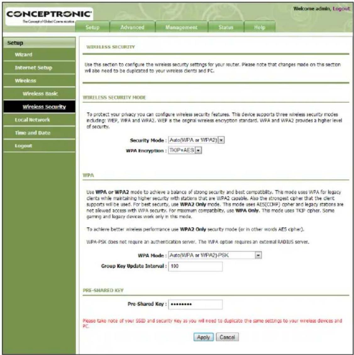 CONCEPTRONIC C150APRA2 - Configurazione manuale della sicurezza wireless - 1