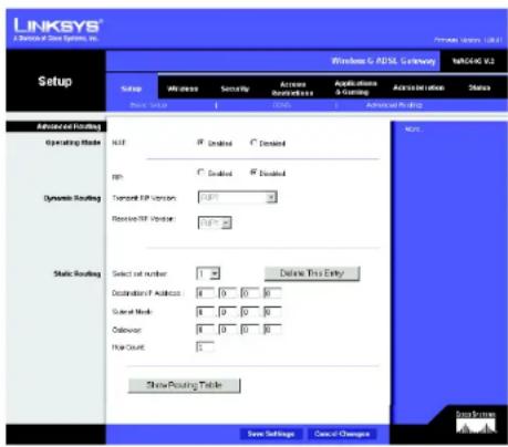 LINKSYS WirelessG WAG54G2 - Onglet Advanced Routing (Routage avance) - 1