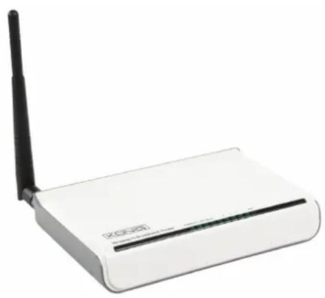 White wireless router with black antenna and logo (no visible text or symbols on body)