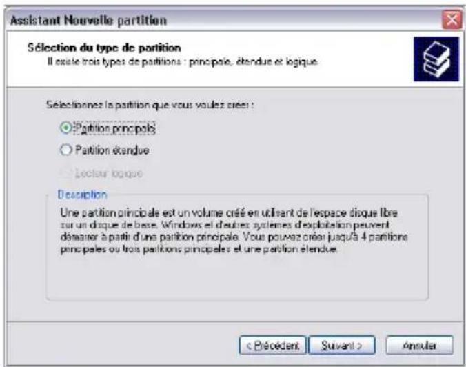 Assistant Nouvelle partition Sélection du type de partition Il existe trois types de partitions : principale, étendue et logique. Sélectionnez la partition que vous voulez créés : ● Partition principale ○ Partition étendue ■ Lecteur logque Description Une partition principale est un volume créé en utilisant de l'espace disque libre sur un disque de base. Windows et d'autres systèmes d'exploitation peuvent démainer à partir d'une partition principale. Vous pouvez créer jusqu'à 4 partitions principales ou trois partitions principales et une partition étendue. < Béciédent Suvant > Annuler