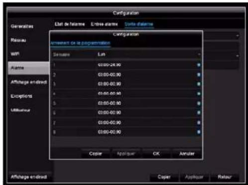 Configuration Generations Résou WiFi Altame Affichage ends Exceptions Utiliser Elet de latrime En-trée latrime Sorte d'atérime Setue Lin 1 00:00-24.90 2 00:00-00.90 3 00:00-00.90 4 00:00-00.90 5 00:00-00.90 6 00:00-00.90 7 00:00-00.90 8 00:00-00.90 Copier Appliquer OK Amuler Copier Appliquer Relaur
