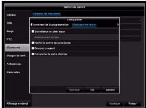 Gestion de camera Camera Opto Image PTZ Movement Marque de cert... Ambisabloge Para vétés Déclinerer la sortie détermes Appliquer OK Amputer Déclinerer la sortie détermes Ampliquer Établissement l'extracom Aument de la programmation Surveillance en plein screen Amplification sur le Identifier le cen…