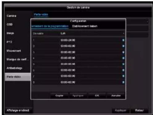 Gestion de camera Camera Parte video Configuration Aramètre de la programmation Etablissement étabon Image Sinhaire Lit PT2 1 00:00-24:00 2 00:00-00:30 Movement 3 00:00-00:30 Marque de web... 4 00:00-00:30 5 00:00-00:30 Antibatologie 6 00:00-00:30 Parte video 7 00:00-00:30 8 00:00-00:30 Cognier Appl…