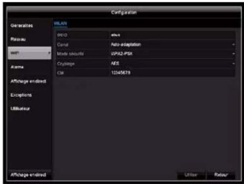 Configuration Generations WLAN REID email Portau Cenai Auto-adaptation WiFi Mode ####### VPA2-PSR Alarm Cryptige AES CSI 12345678 Affichage ended Exceptions Utilisateur Affichage ended Utilier Relaur