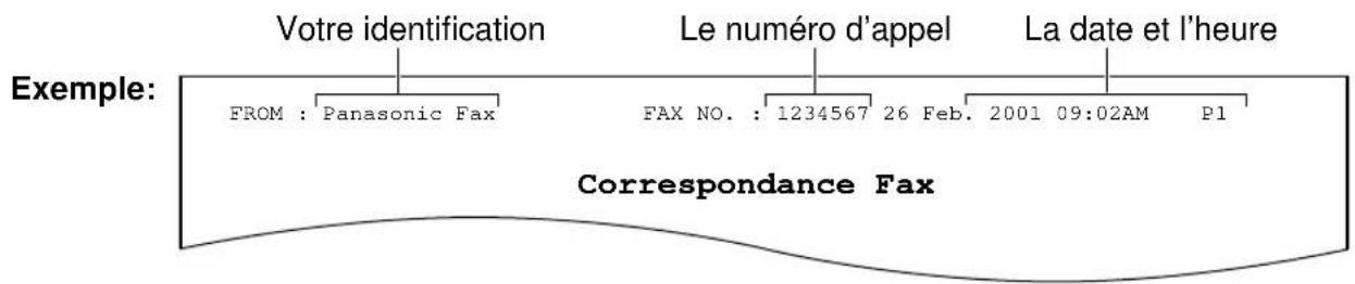 Votre identification Le numéro d'appel La date et l'heure FROM : Panasonic Fax FAX NO. : 1234567 26 Feb. 2001 09:02AM P1 Correspondance Fax Exemple: