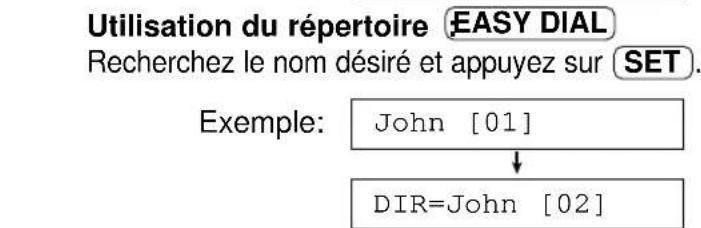 Utilisation du répertoire EASY DIAL Recherchez le nom désiré et appuyez sur SET. Exemple: John [01] ↓ DIR=John [02]