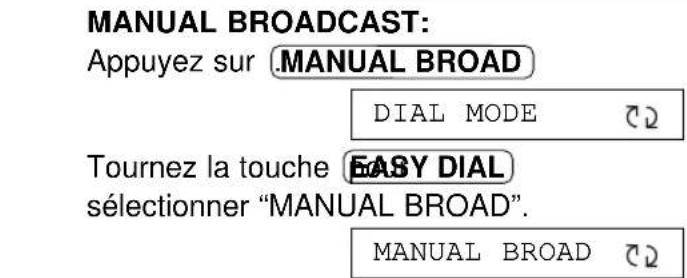 MANUAL BROADCAST: Appuyez sur MANUAL BROAD DIAL MODE 22 Tournez la touche EASY DIAL sélectionner "MANUAL BROAD". MANUAL BROAD 22