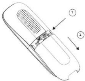 Technical diagram of a device with labeled parts, showing internal structure and directional arrows
