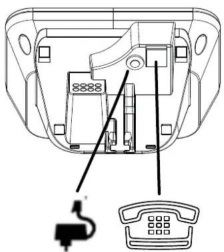 Technical diagram of a device rear panel with labeled components including a keypad and a battery symbol
