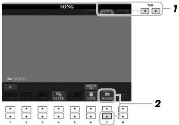 YAMAHA Clavinova CVP509PM - Dans l'écran File Selection, Sélectionnez l'onglet (USER ou USB) sur lequel vous souhaitez sauvegarder les données, à l'aide des touches TAB [<][>]. - 1