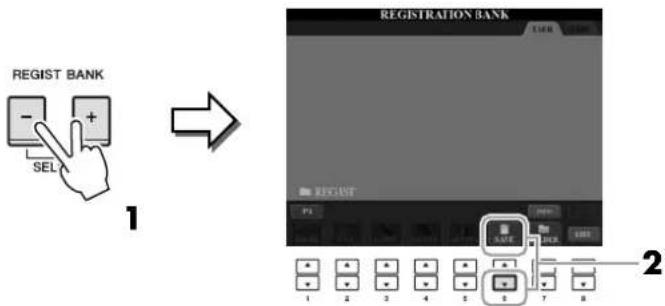 YAMAHA Clavinova CVP501PE - Appuyez simultanément sur les touches [+] et [-] de la section REGIST BANK (Banque de registration) pour ouvrir l'écran Registration Bank Selection (Sélection de banque de registration). - 1