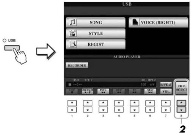 YAMAHA Clavinova CVP501PE - Appuyez sur la touche [USB] pour ouvrir l'écran Playback (écran AUDIO PLAYER). - 1