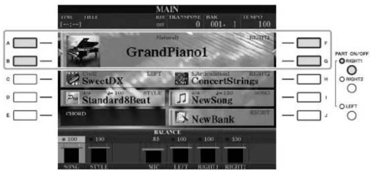 YAMAHA Clavinova CVP501PE - Appuyez sur l'une des touches [A]/[B]/[F]/[G] (RIGHT1) de l'écran Main. - 1