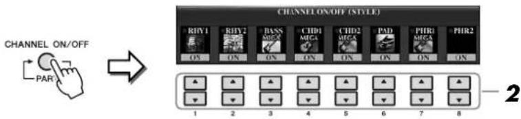 YAMAHA Clavinova CVP501PE - Appuyez une ou deux fois sur la touche [CHANNEL ON/OFF] (Activation/Désactivation de canal) pour appeler l'écran CHANNEL ON/OFF (STYLE). - 1