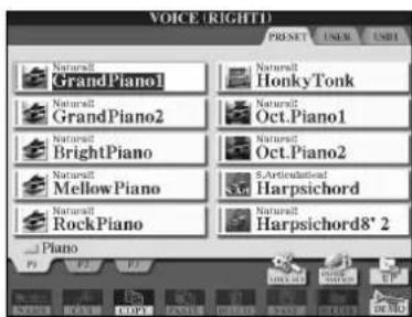 YAMAHA Clavinova CVP409GP - Exemple d'écran PRESET Voice Selection - 1