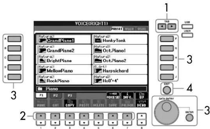 YAMAHA Clavinova CVP405PE - Principe d'utilisation de l'écran File Selection - 1