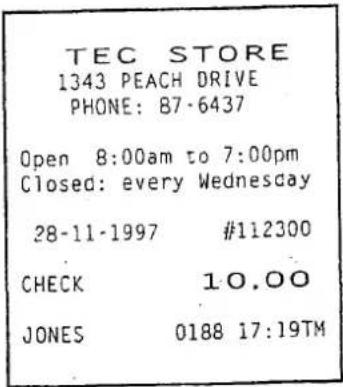 TEC STORE 1343 PEACH DRIVE PHONE: 87-6437 Open 8:00am to 7:00pm Closed: every Wednesday 28-11-1997 #112300 CHECK 10.00 JONES 0188 17:19TM