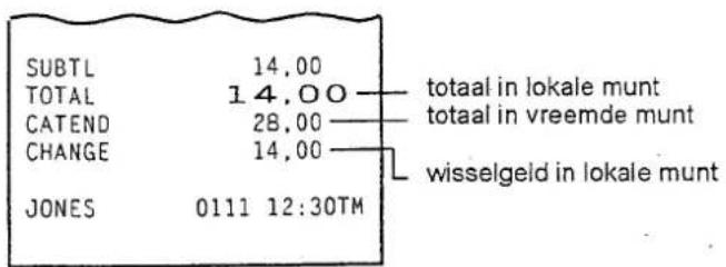 SUBTL 14.00 TOTAL 14.00 CATEND 28.00 CHANGE 14.00 JONES 0111 12:30TM totaal in lokale munt totaal in vreemde munt wisselgeld in lokale munt