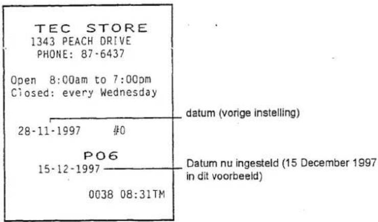 TEC STORE 1343 PEACH DRIVE PHONE: 87-6437 Open 8:00am to 7:00pm Closed: every Wednesday 28-11-1997 #0 PO6 15-12-1997 datum (vorige instelling) Datum nu ingesteld (15 December 1997 in dit voorbeeld) 0038 08:31TM
